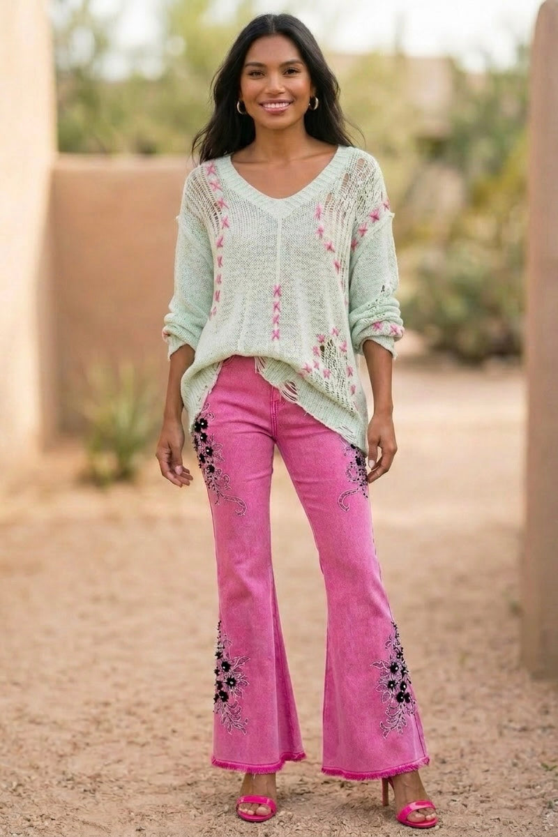 Wild At Heart Retro 90s Embroidered + Embellished Flares (2 Colors)