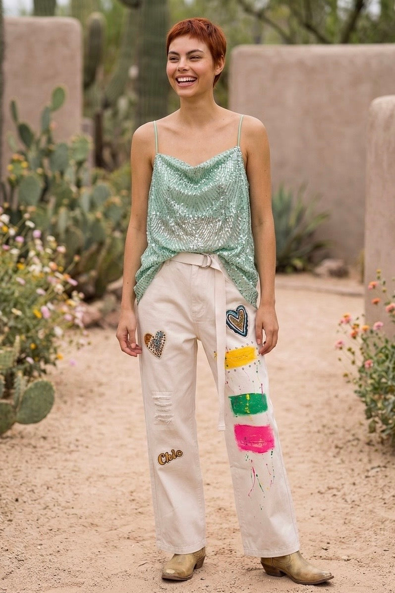 Sweet Mint Sequin Leaf Print Cami