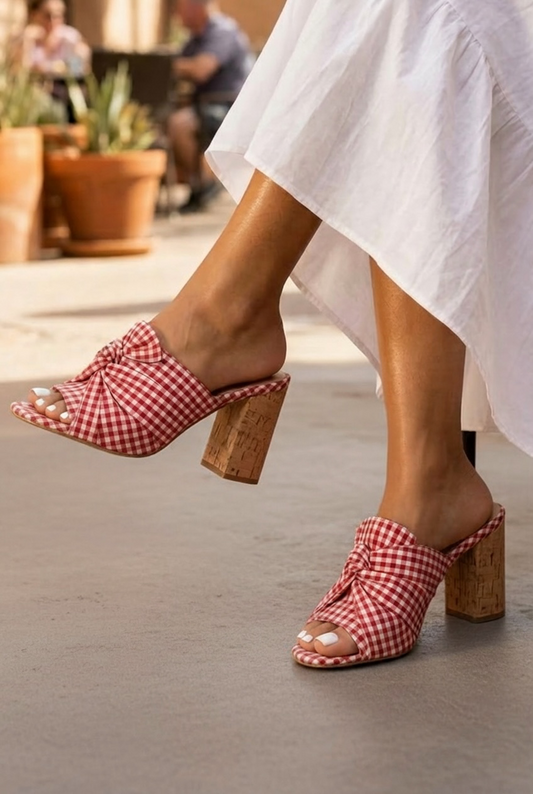 Red gingham twist knot mule heels styled with a white midi dress while seated outdoors, side profile highlighting the cork block heel