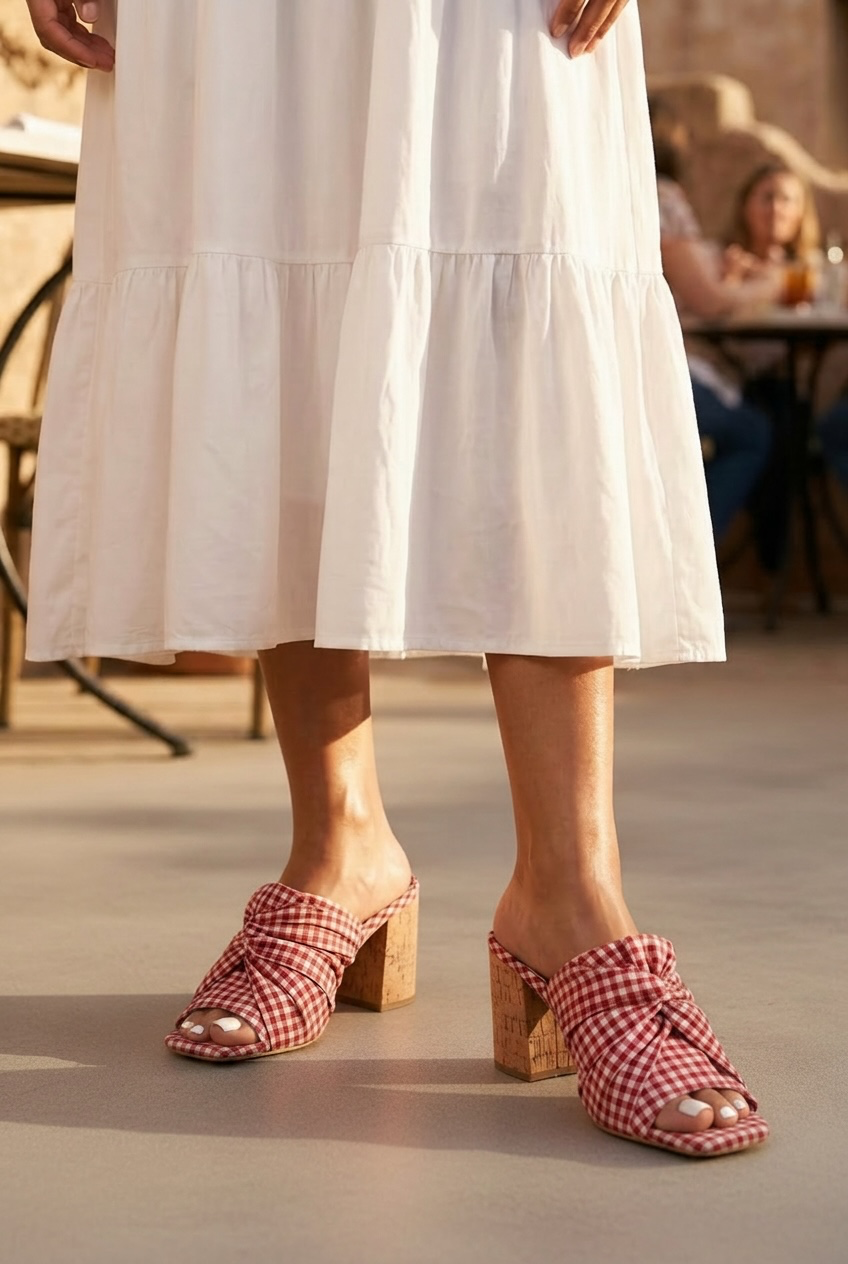Red checkered cork block mule heels styled with a white maxi dress, front view highlighting the open toe design in midday sunlight