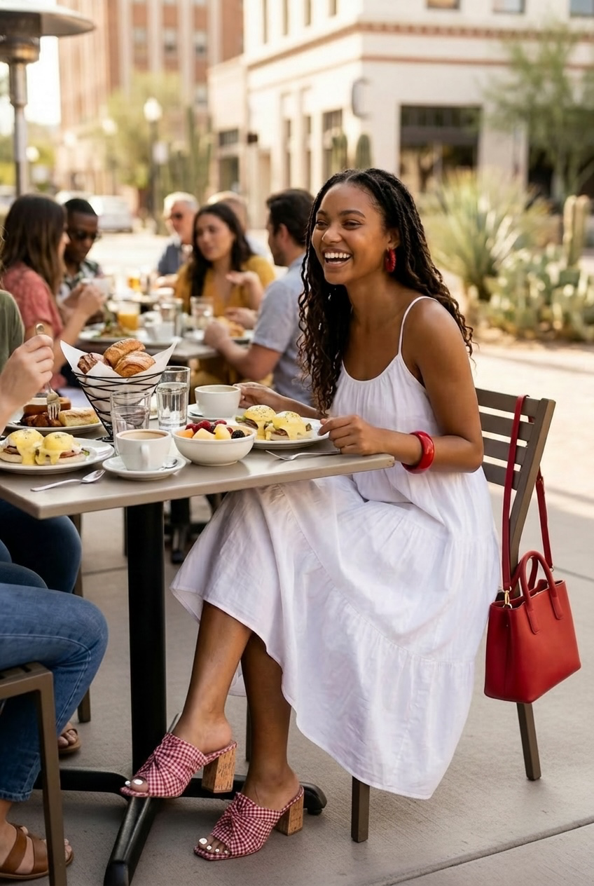 Red gingham twist knot mule heels styled with a white maxi dress at an outdoor brunch, seated at a café patio with friends