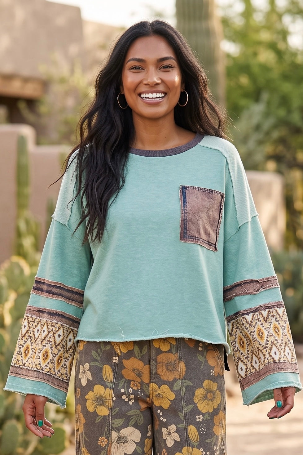 Desert Mosaic Mineral Washed Mixed Media Knit Top