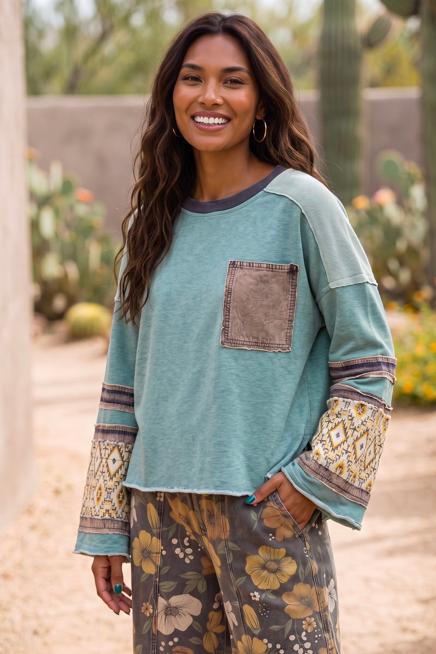 Desert Mosaic Mineral Washed Mixed Media Knit Top