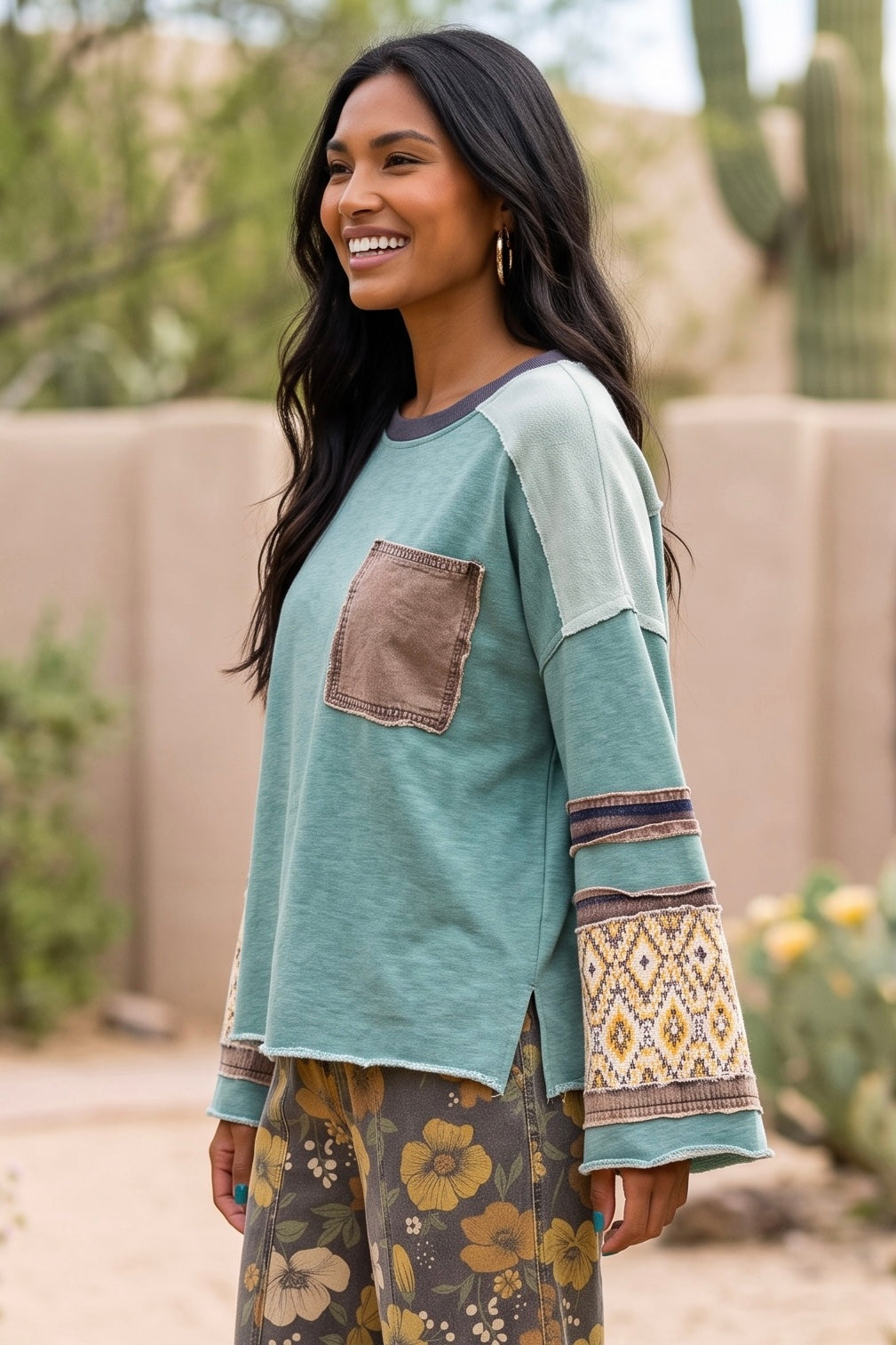 Desert Mosaic Mineral Washed Mixed Media Knit Top