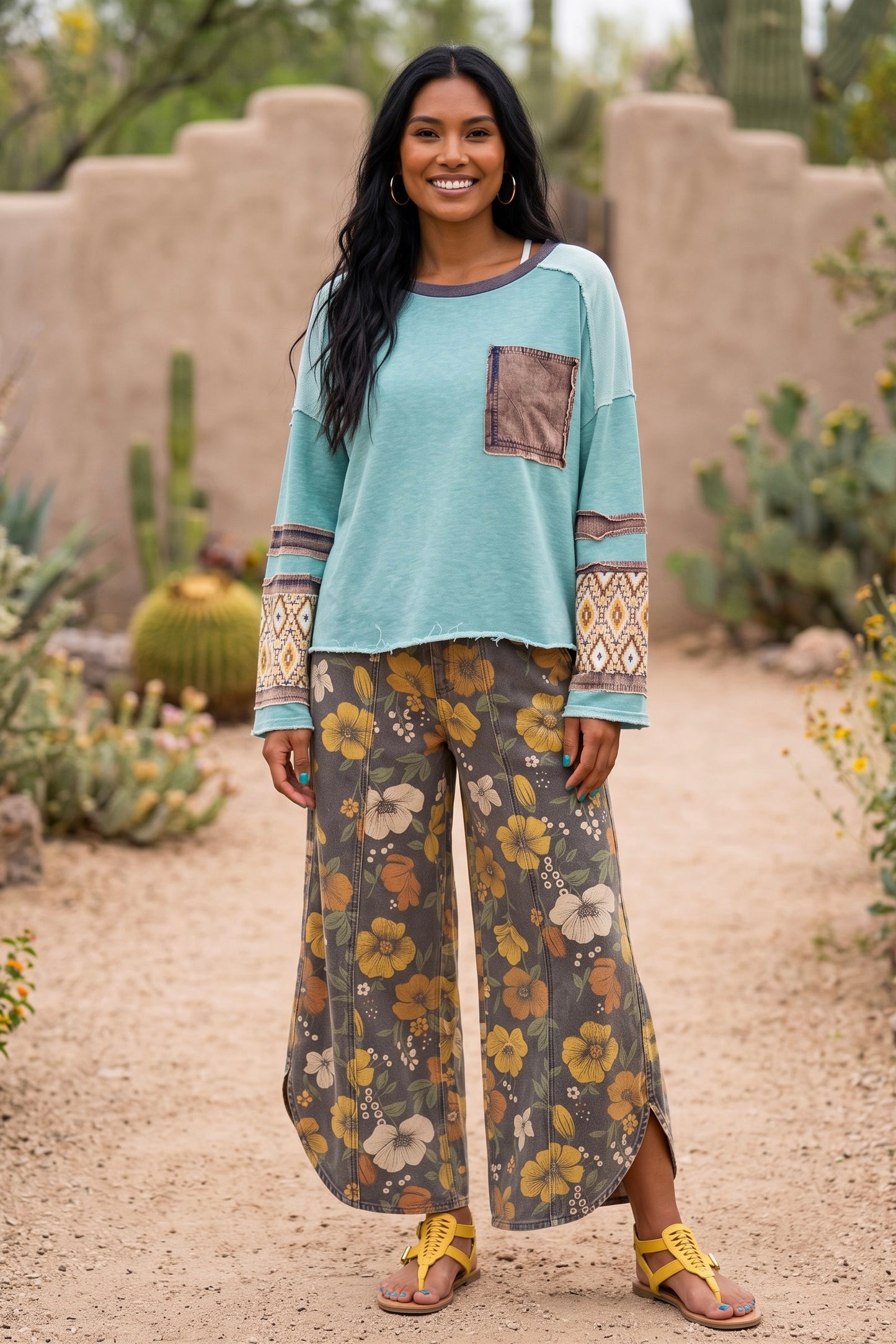 Desert Mosaic Mineral Washed Mixed Media Knit Top