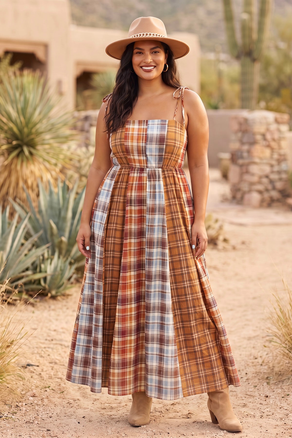 Desert Harvest Mixed Plaid Smocked Maxi Dress