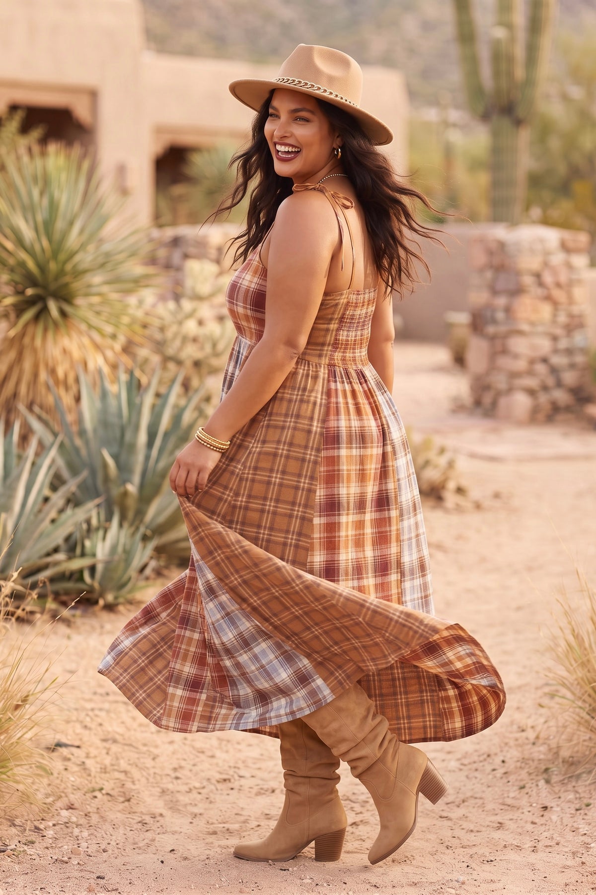 Desert Harvest Mixed Plaid Smocked Maxi Dress
