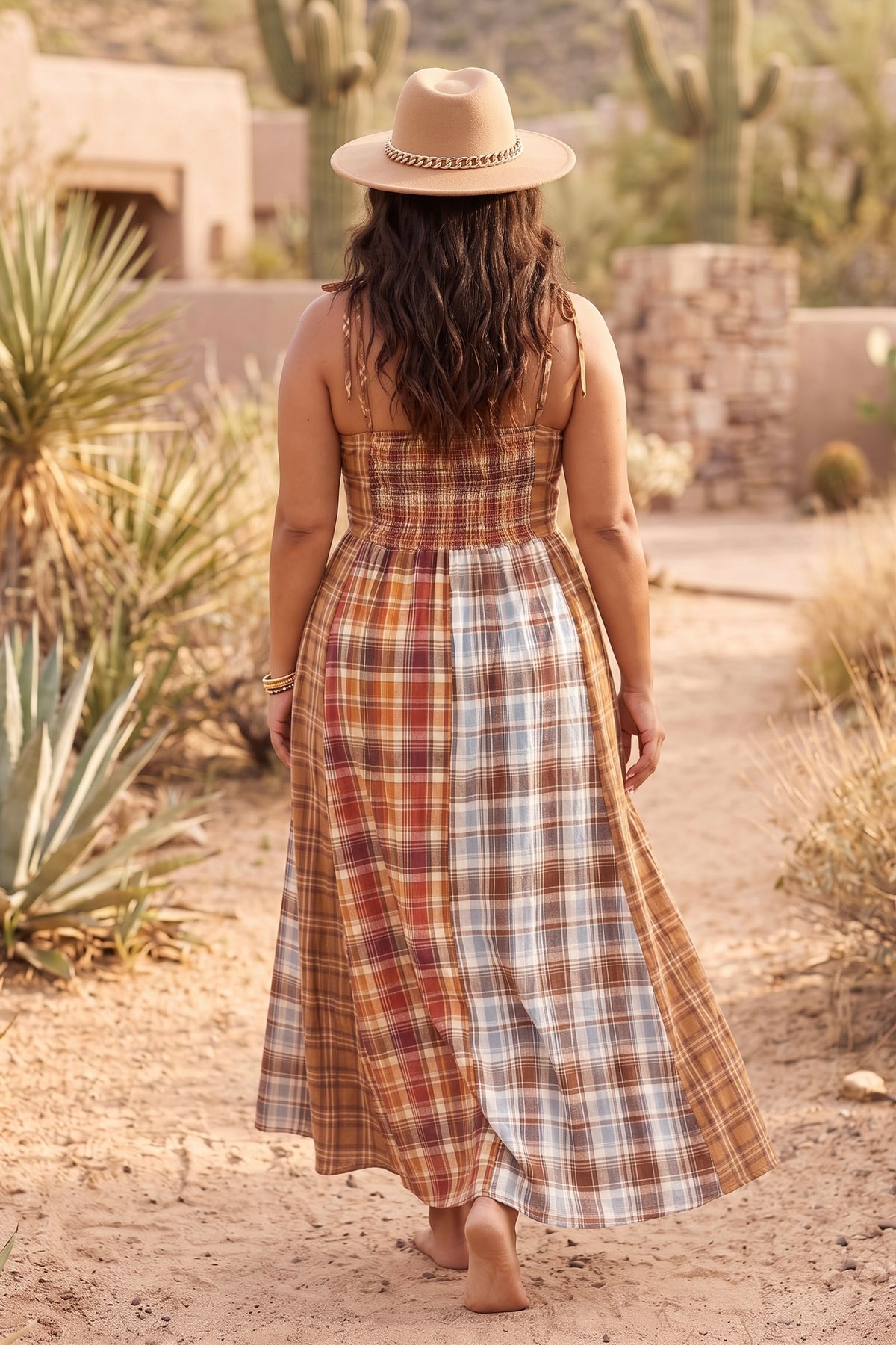 Desert Harvest Mixed Plaid Smocked Maxi Dress