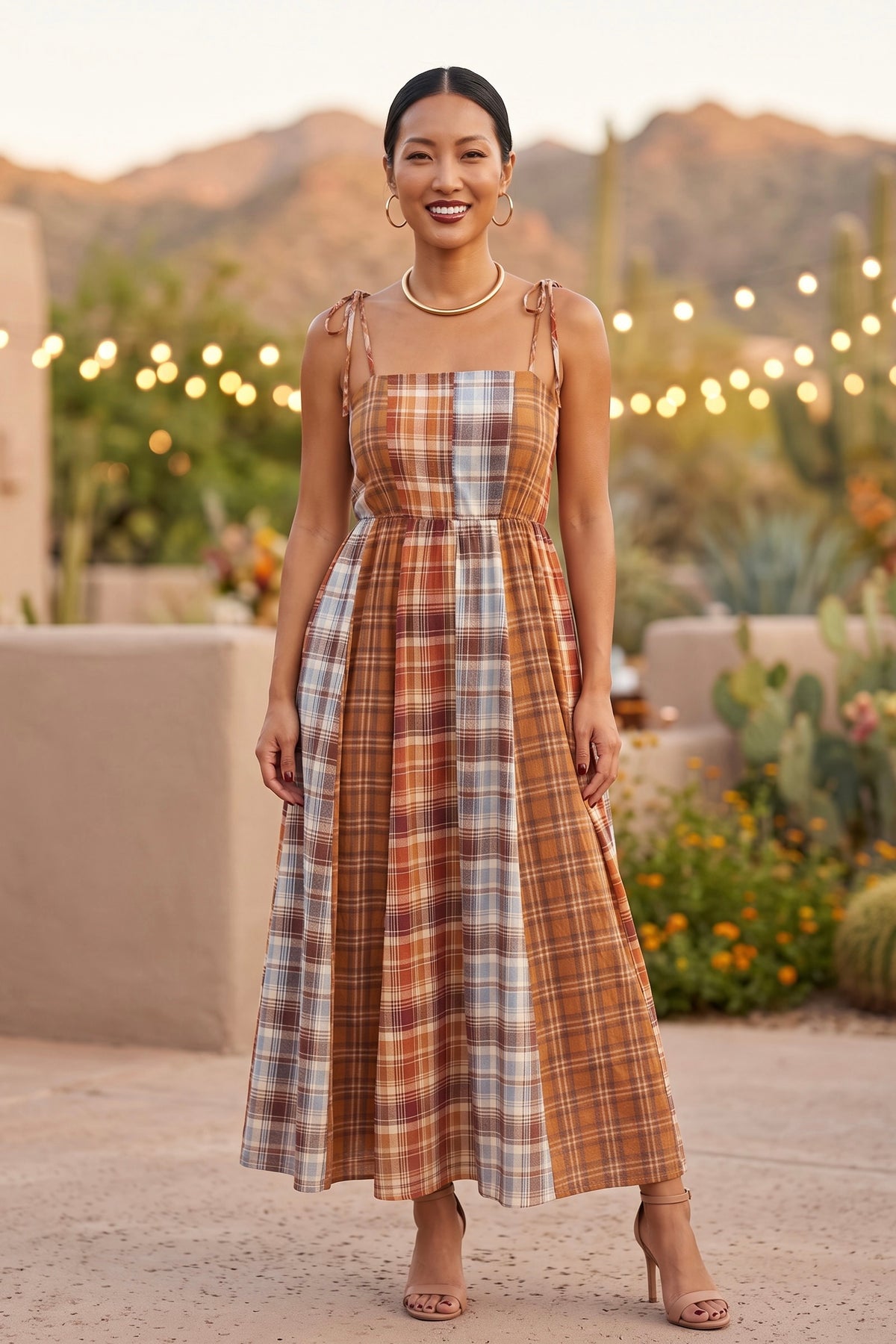 Desert Harvest Mixed Plaid Smocked Maxi Dress