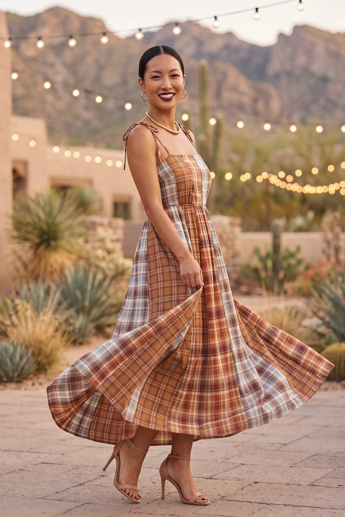 Desert Harvest Mixed Plaid Smocked Maxi Dress