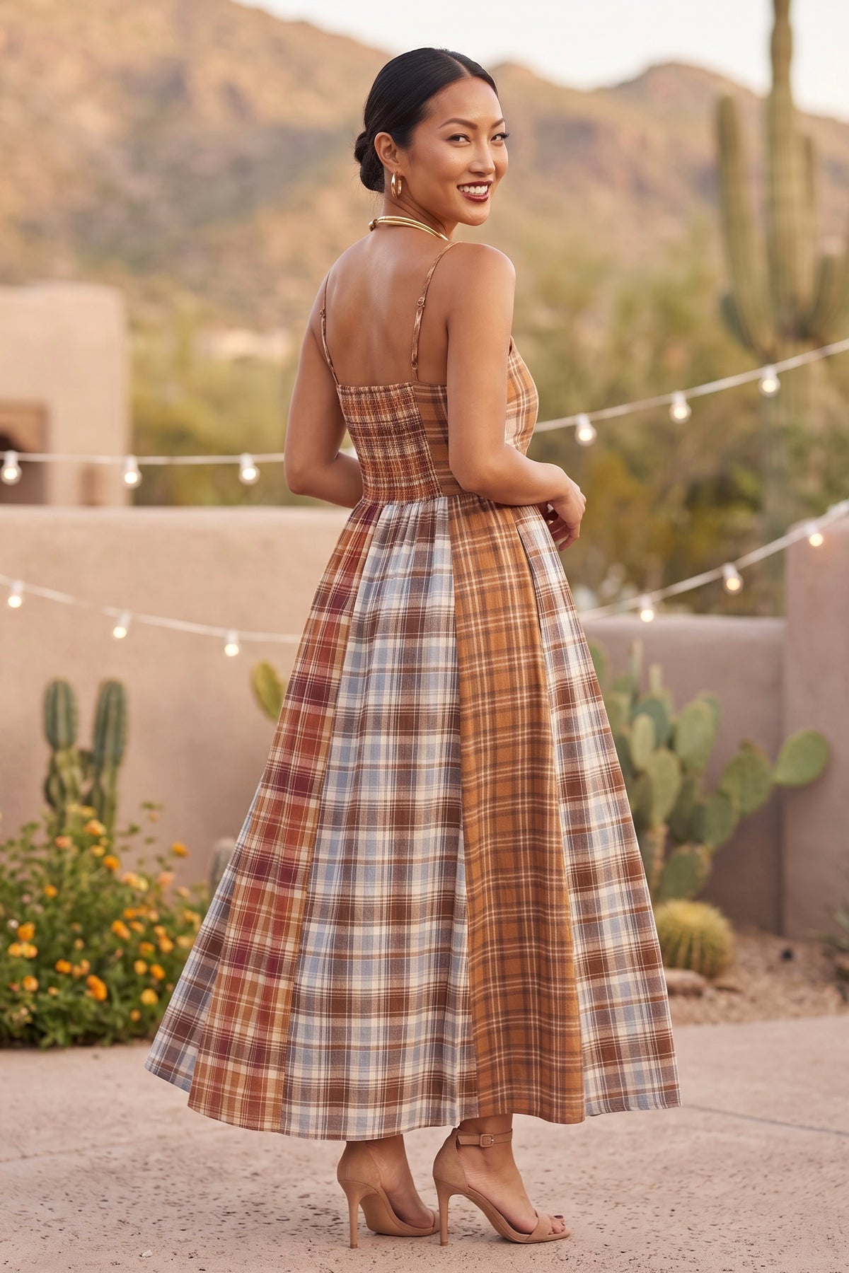 Desert Harvest Mixed Plaid Smocked Maxi Dress