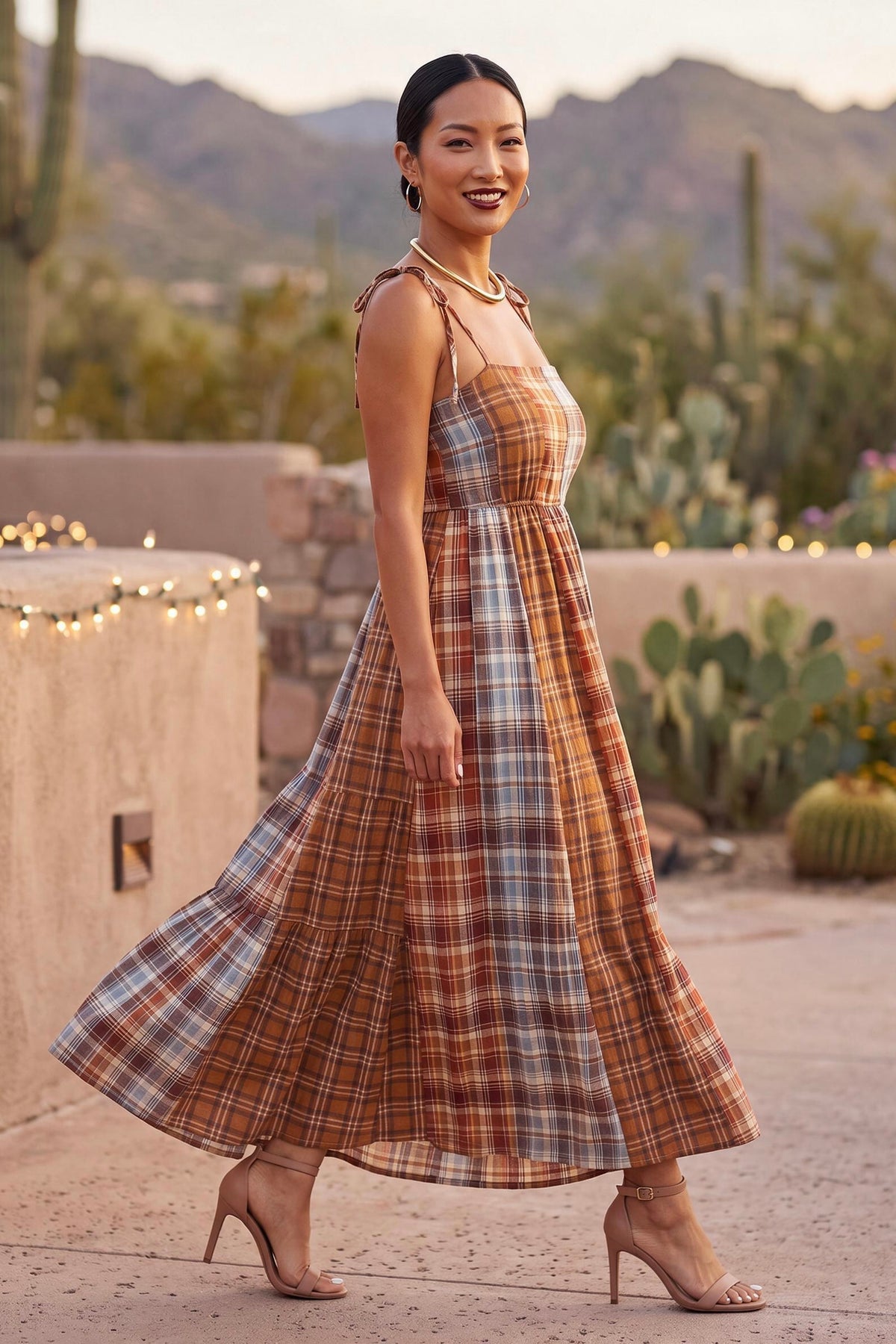 Desert Harvest Mixed Plaid Smocked Maxi Dress