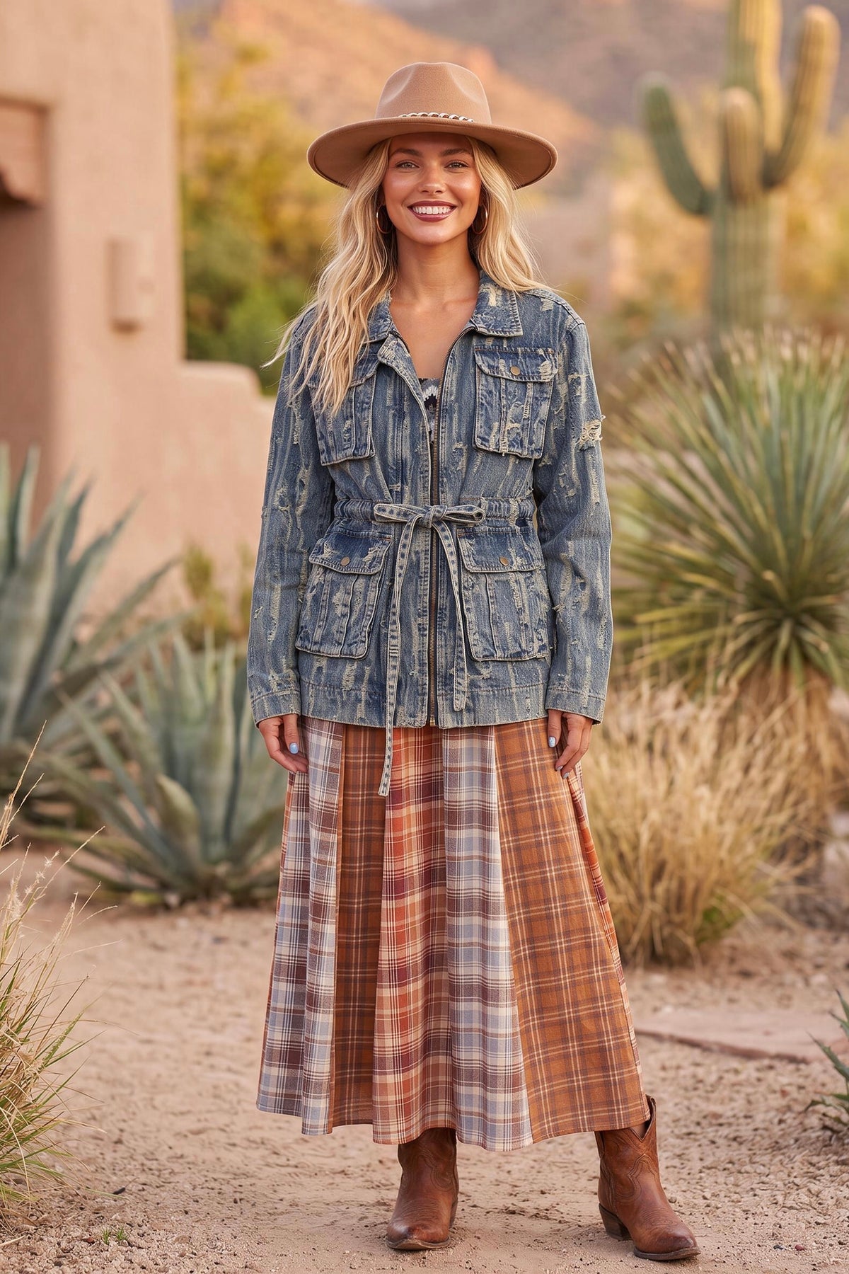 Desert Harvest Mixed Plaid Smocked Maxi Dress