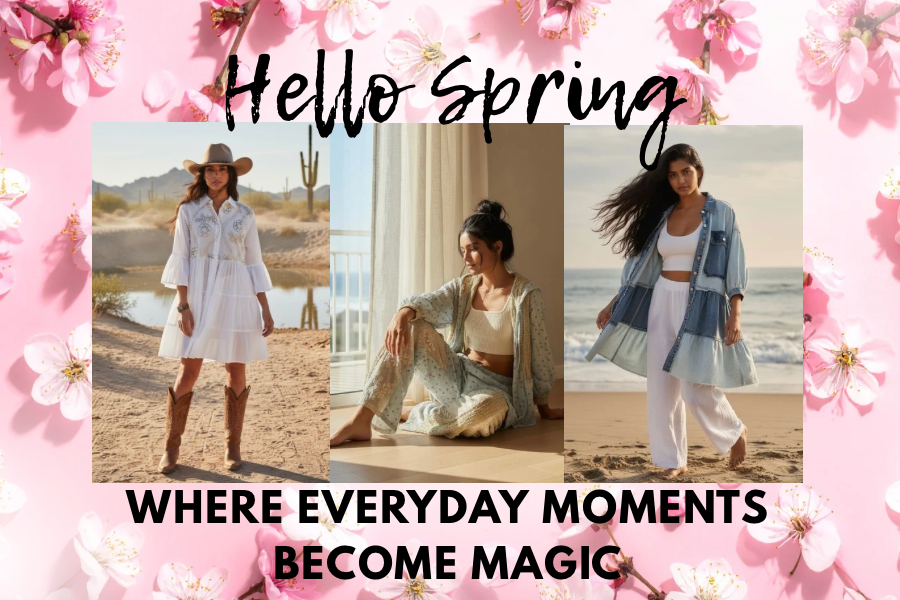 Spring fashion banner with desert boho dress, relaxed lounge set and coastal outfit framed by pink blossoms with Hello Spring