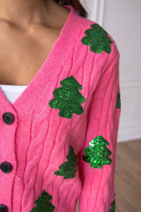 Holiday Spirit Sequin Trees Button Front Classic Cardigan