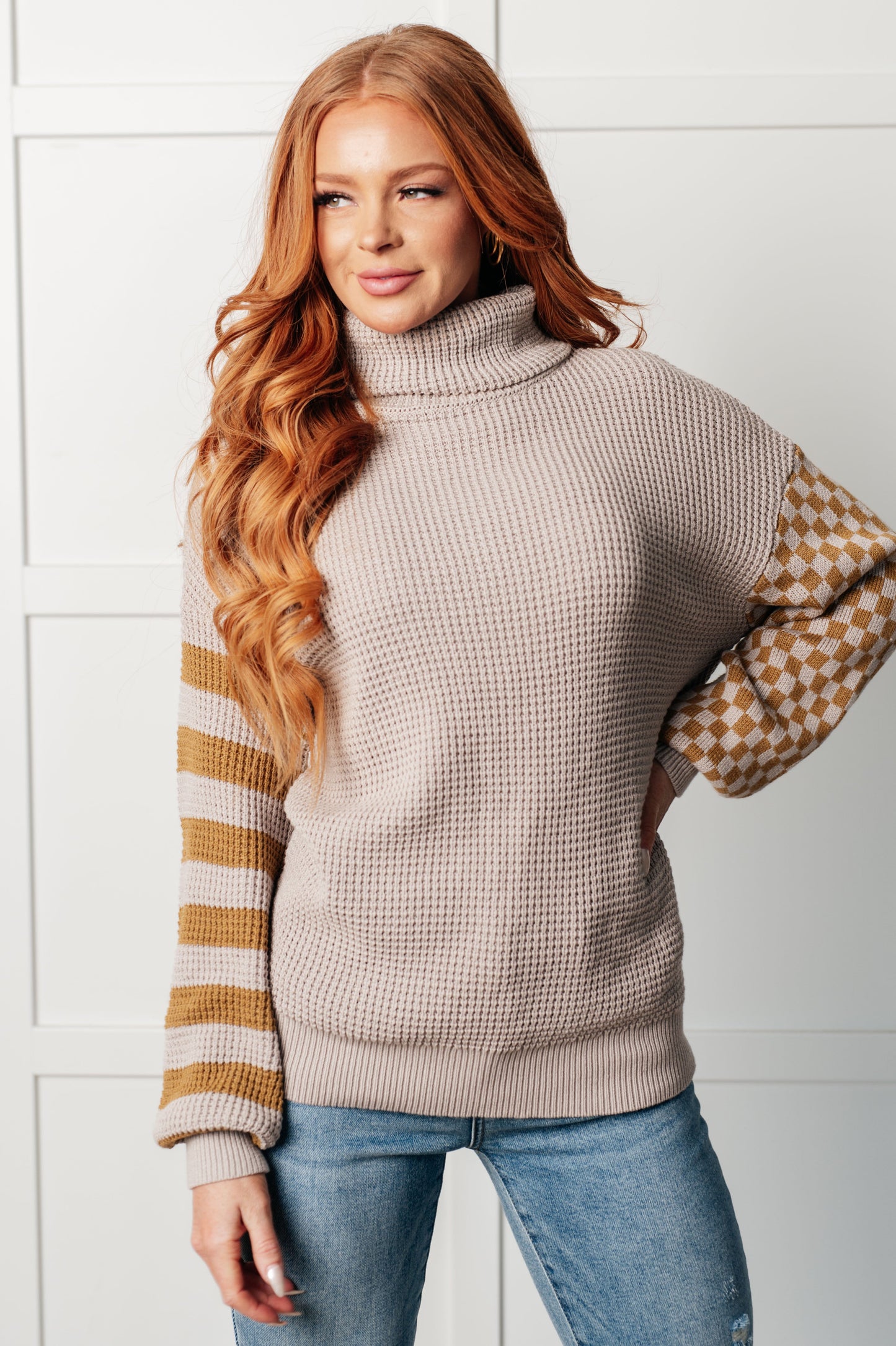 Game Plan Patterned Sleeve Waffle Knit Turtleneck Sweater (Small to 3XL)