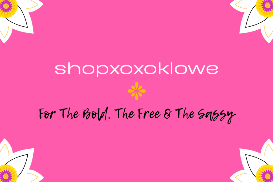 xoxo, klowe logo on bright pink floral banner for a boho boutique offering bold women’s statement clothing.
