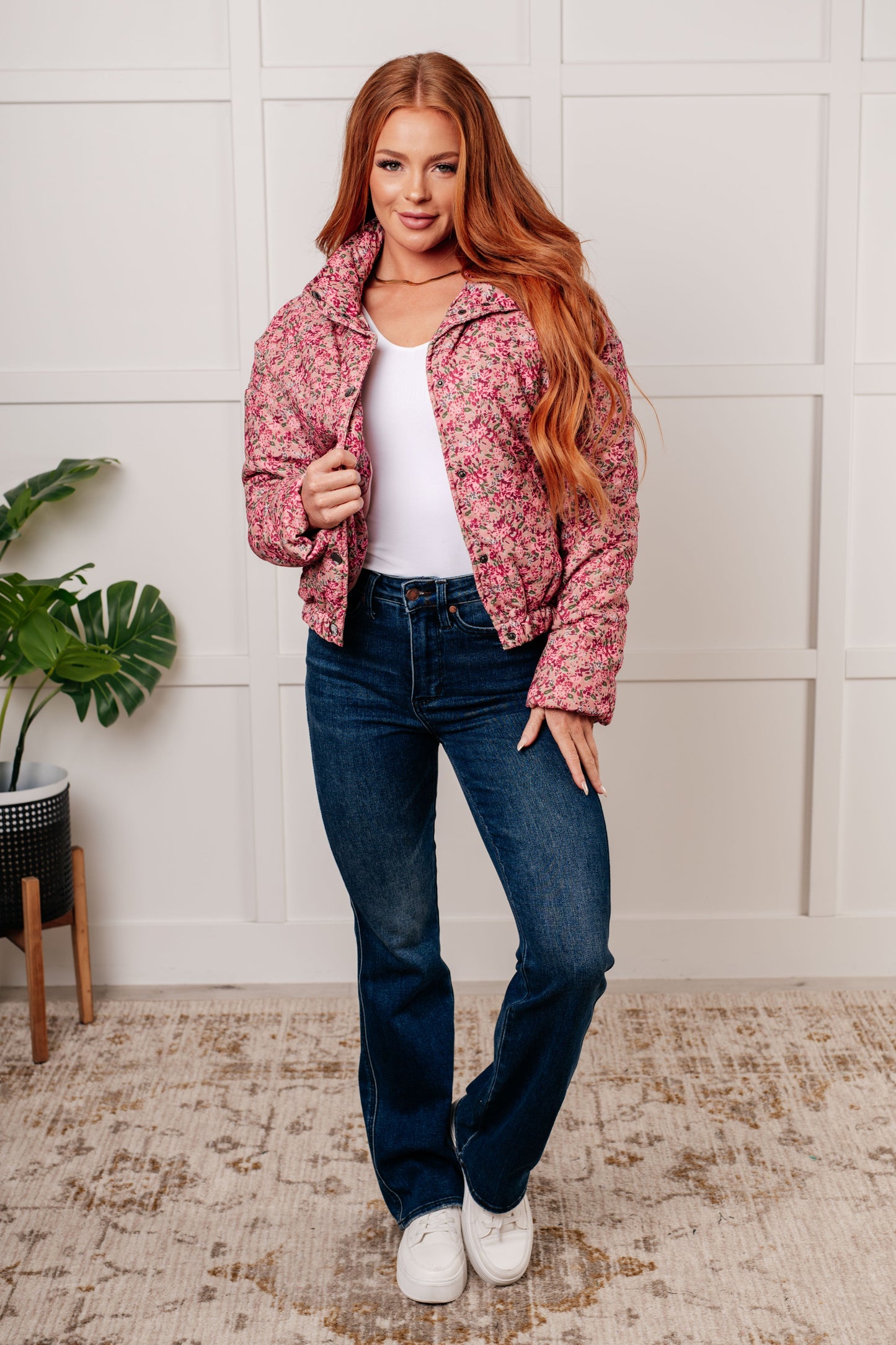 What The Puff: The Pink Floral Printed Corduroy Puffer Jacket