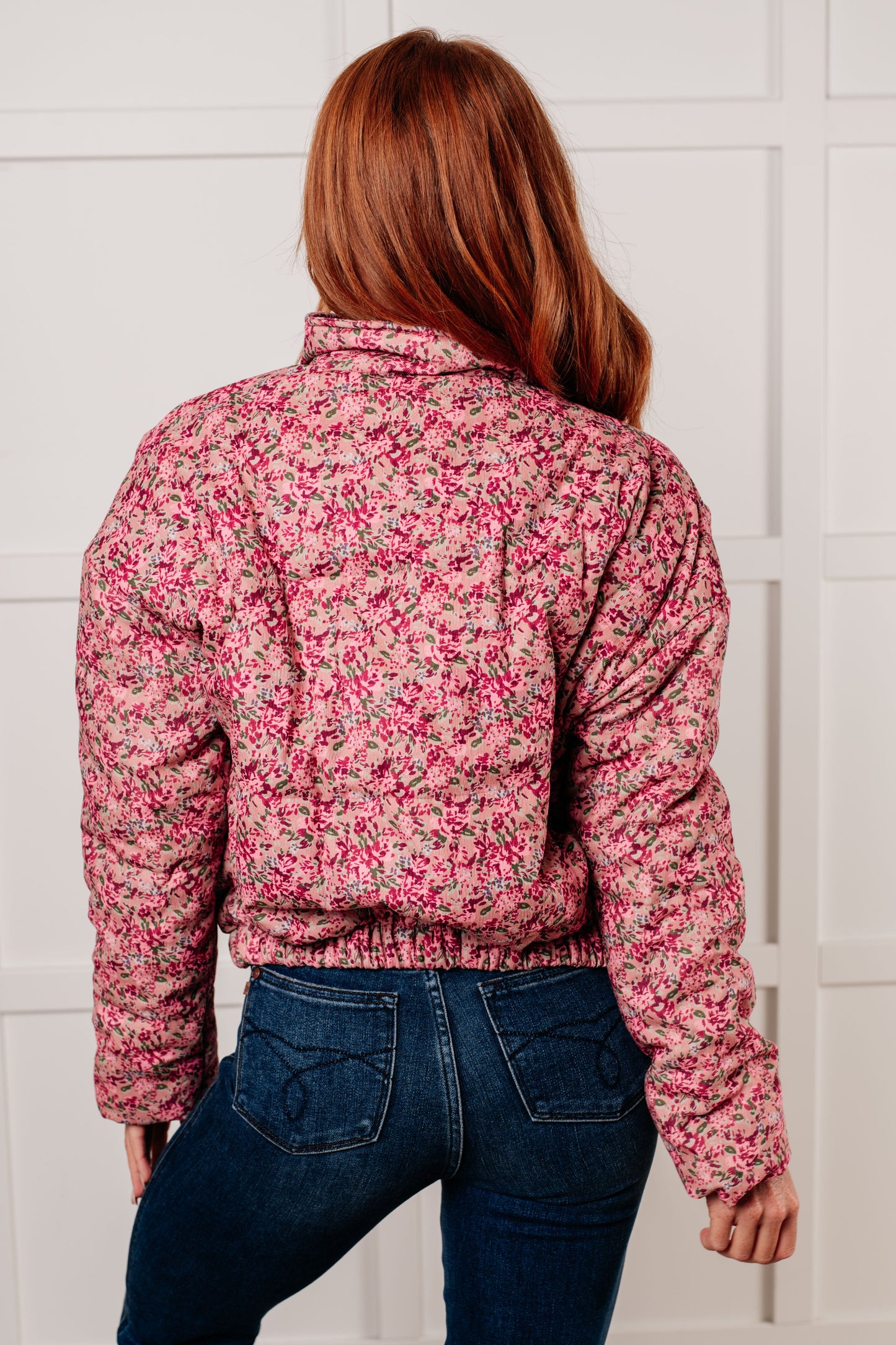 What The Puff: The Pink Floral Printed Corduroy Puffer Jacket