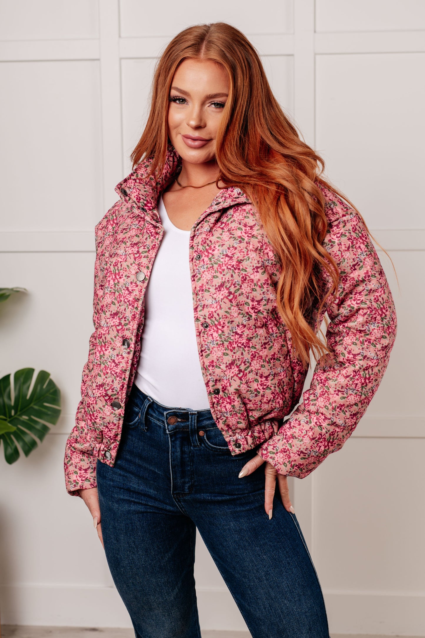 What The Puff: The Pink Floral Printed Corduroy Puffer Jacket