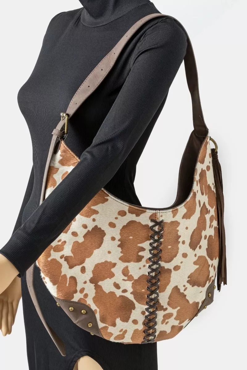 Cow Print Hobo Shoulder Bag with Studded Details – xoxo, klowe