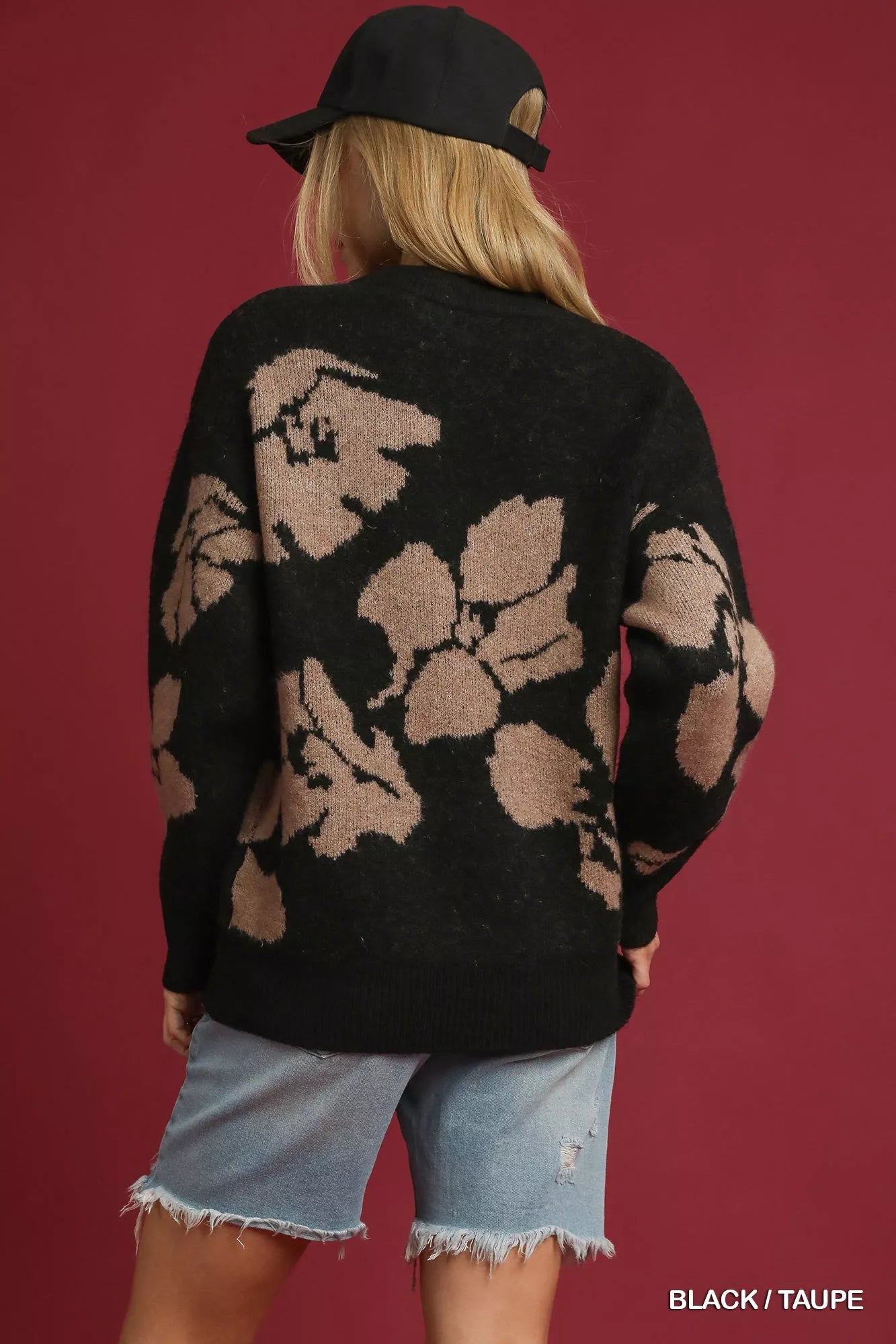 Black floral sweater back view, long sleeve knit pullover with bold flower design, retro 80s statement style?