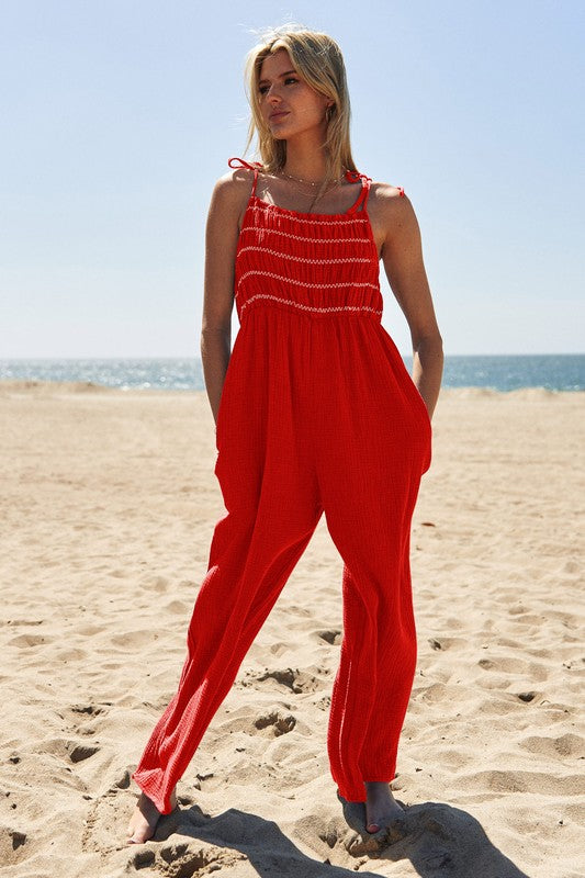 Soak Up The Sun Washed Cotton Smocked Top Tie Straps Loose Fit Jumpsuit (3 Colors)