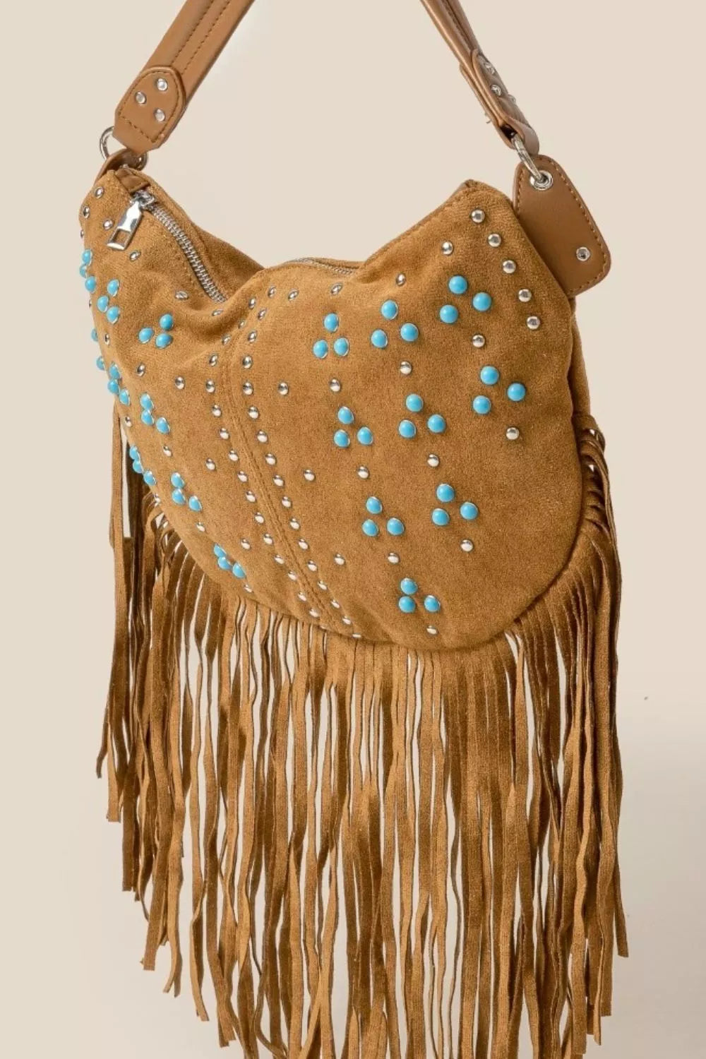 Medium hobo bag in vegan suede with fringe and stud accents, festival ready boho chic shoulder purse