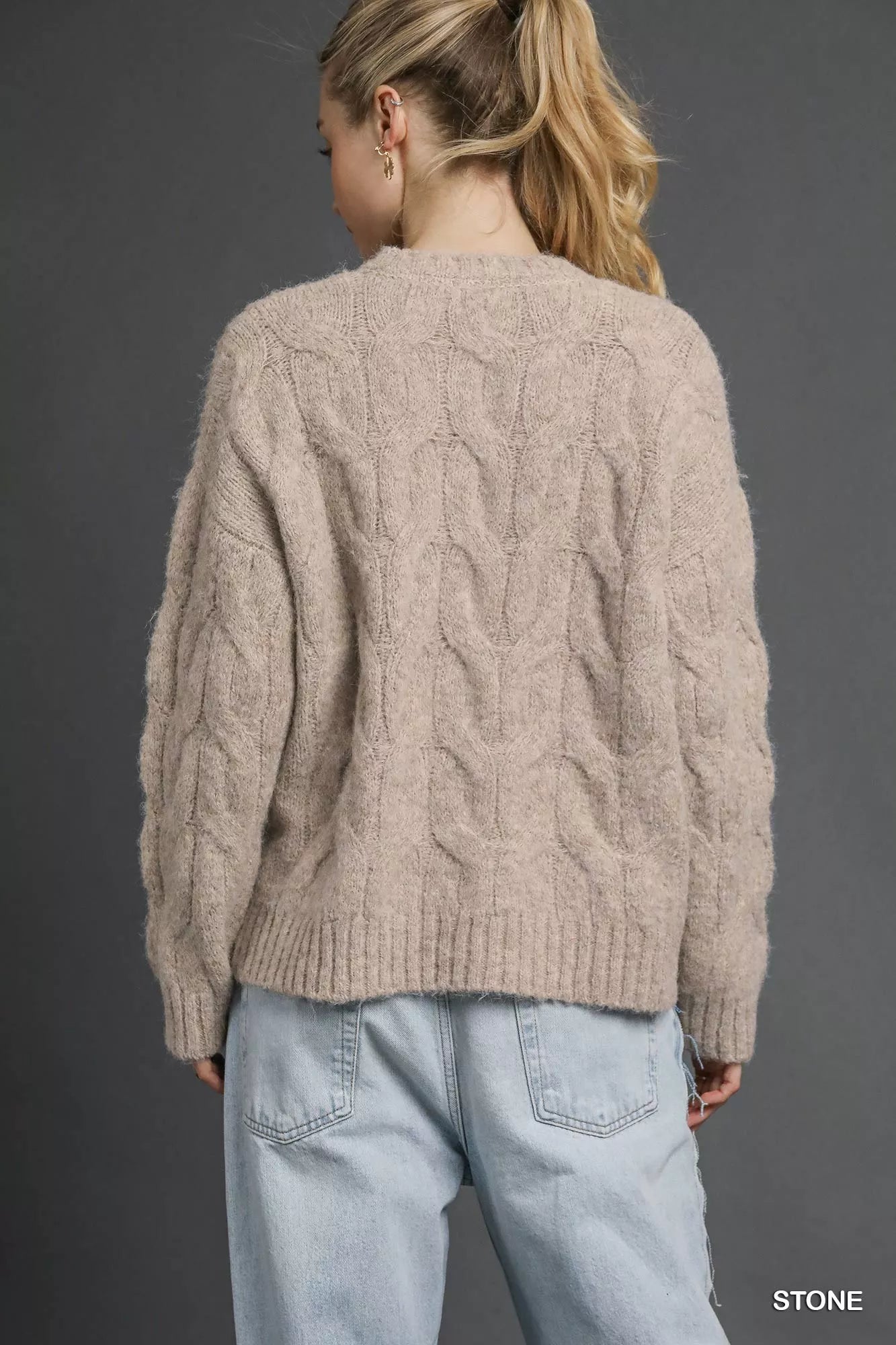 Beige cable knit sweater with brushed knit texture, women’s long sleeve crew neck pullover in solid neutral color