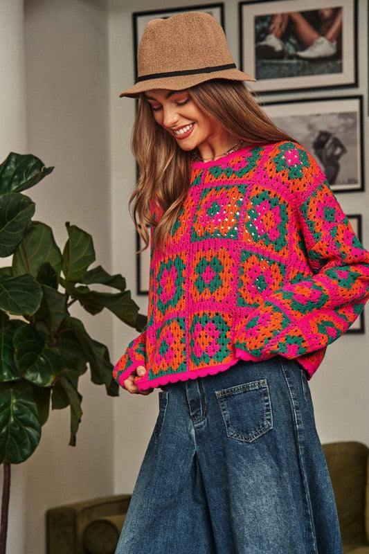 Cozy Season Crochet Granny Square Pullover Sweater