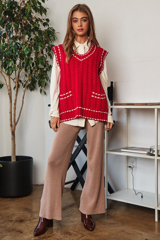 Galentine’s Pics Contrast Stitch V-Neck Sweater Vest