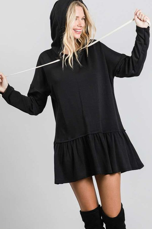 Full Time Fun Ruffled Hem Hooded Tunic Top