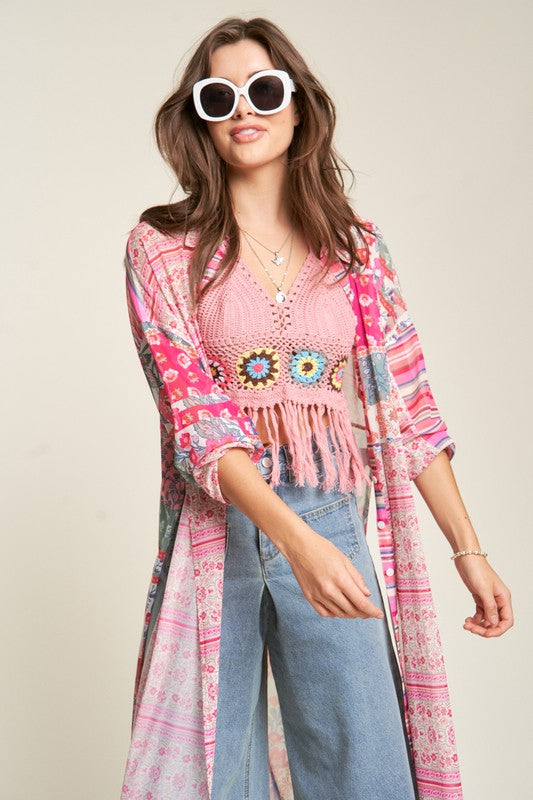 Love Rocks Floral + Stripes Mesh Patchwork Print Button Front Maxi Shirt Cover Up
