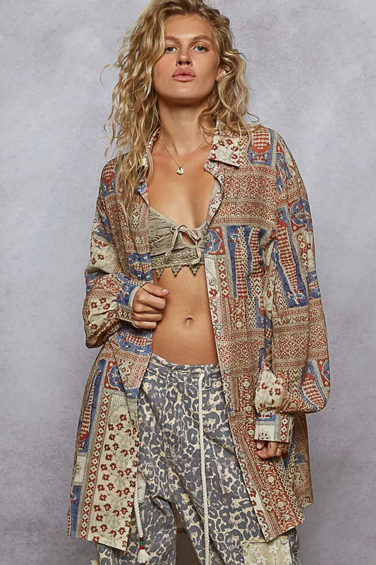 Long button down patchwork print shirt with earthy desert-inspired tones
