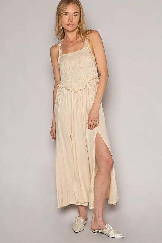 POL Saltwater Siren Maxi Dress in cream rayon jersey with lace straps, frill waist, and twin front slits—styled with slip-on shoes for breezy coastal glam.
