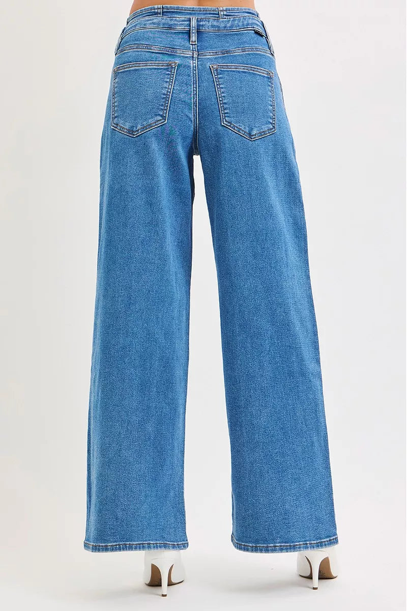 Back view of Risen wide leg jeans with pleated front detail