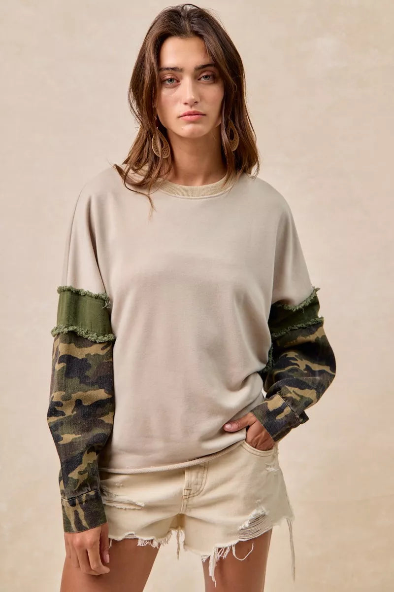 Boho luxe camo sleeve pullover in cozy French terry with modern streetwear flair