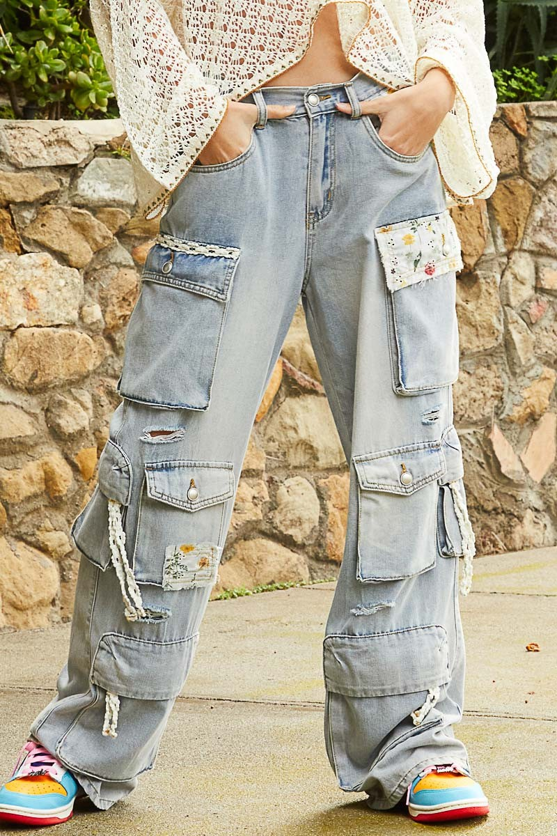 Never Full Floral Patched Wide Leg Cargo Jeans