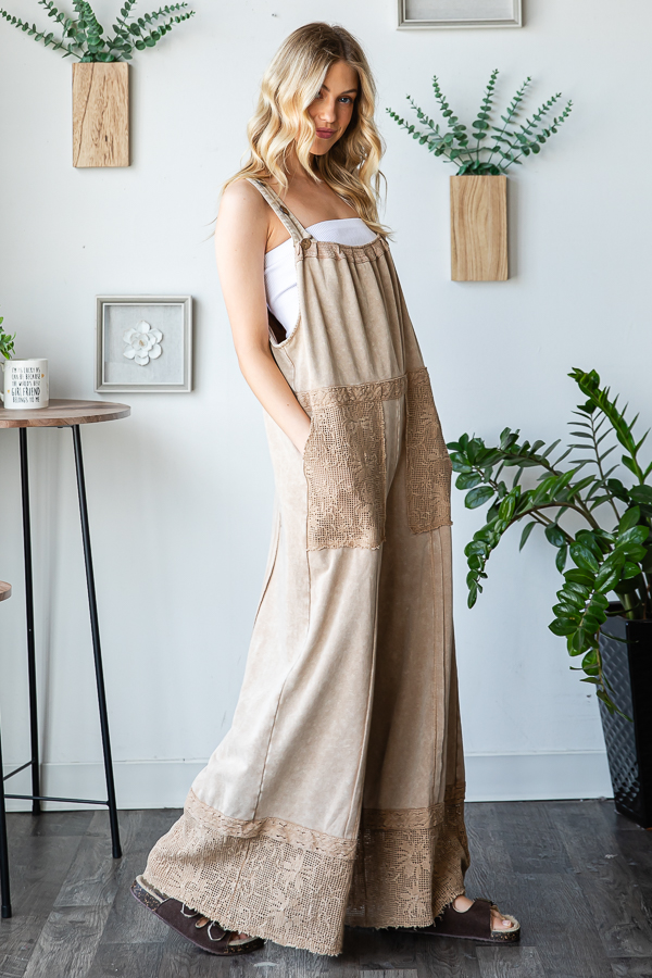 Sunday Market Washed French Terry Lace Hem Overalls