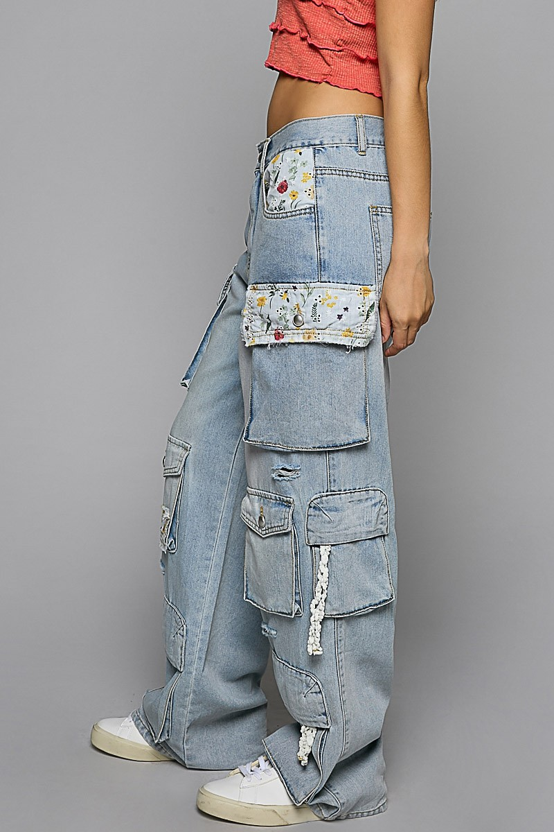 Never Full Floral Patched Wide Leg Cargo Jeans