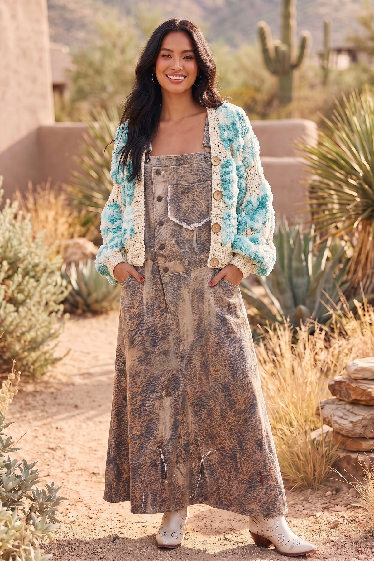 Brown Leopard print denim maxi styled with an open turquoise and cream chunky knit cardigan 
