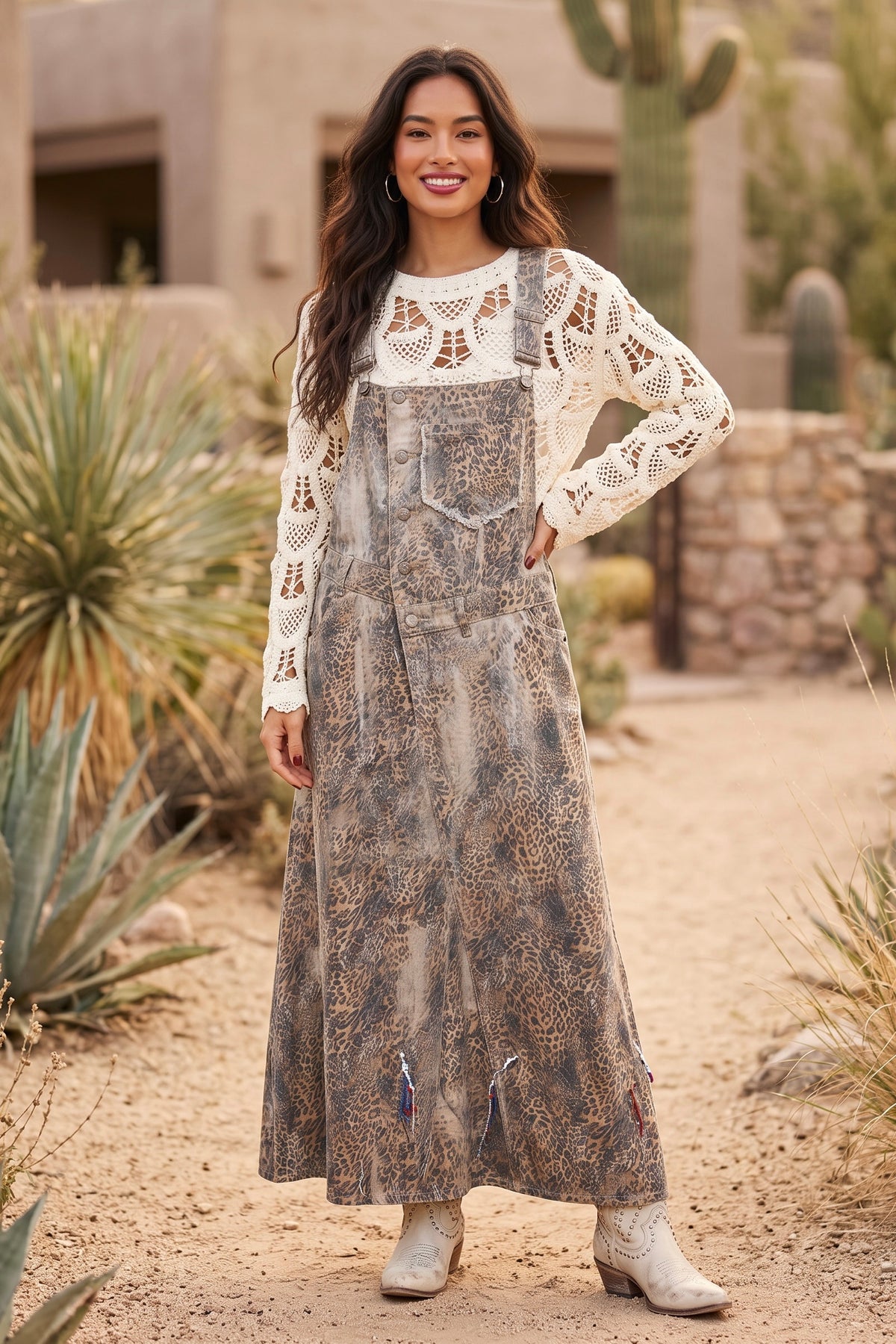 Washed leopard denim skirtall with off center buttons over a ivory crochet top and western boots