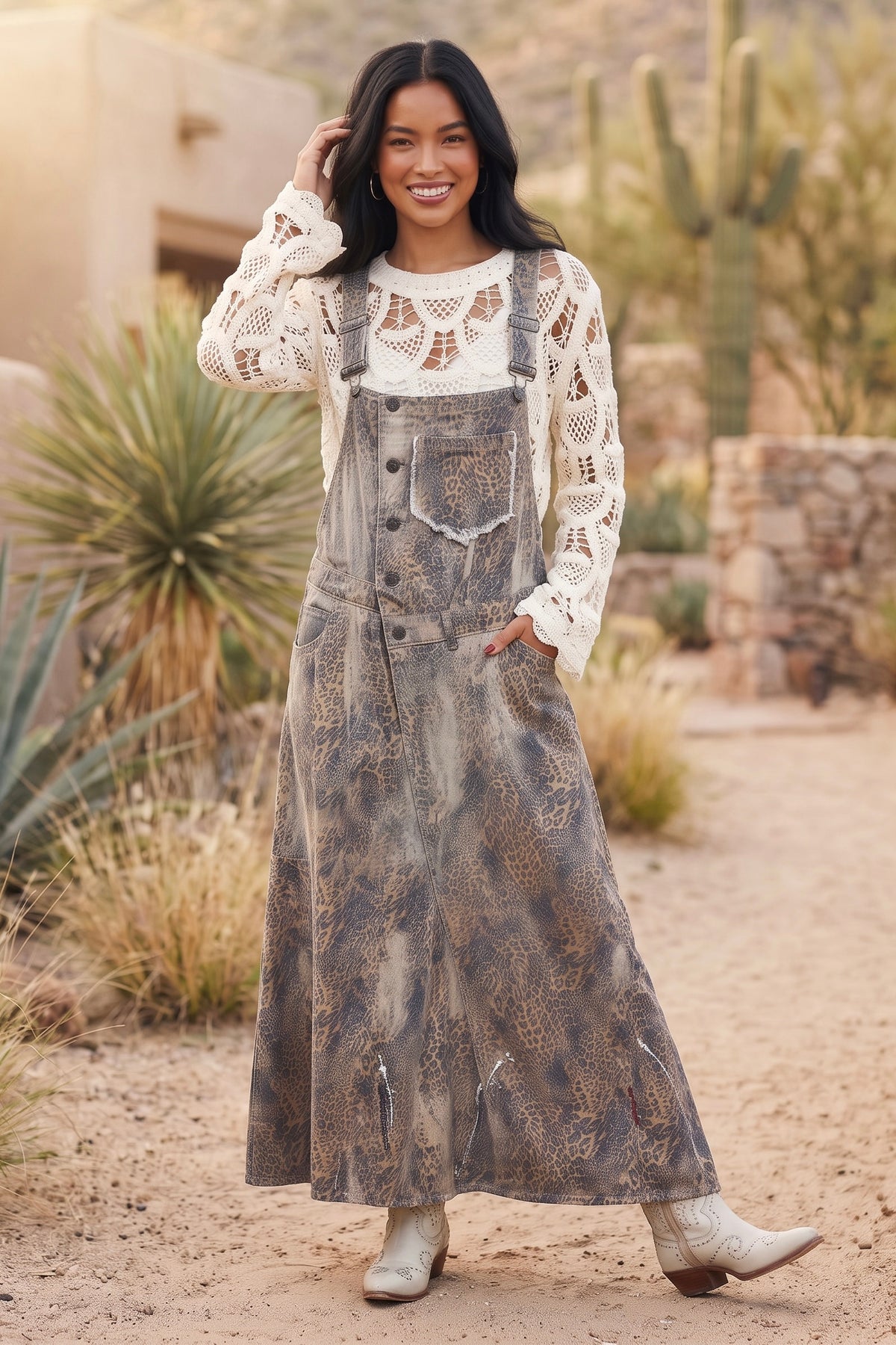 Neutral toned leopard denim overall dress with hand in hip pocket and buttoned bib front