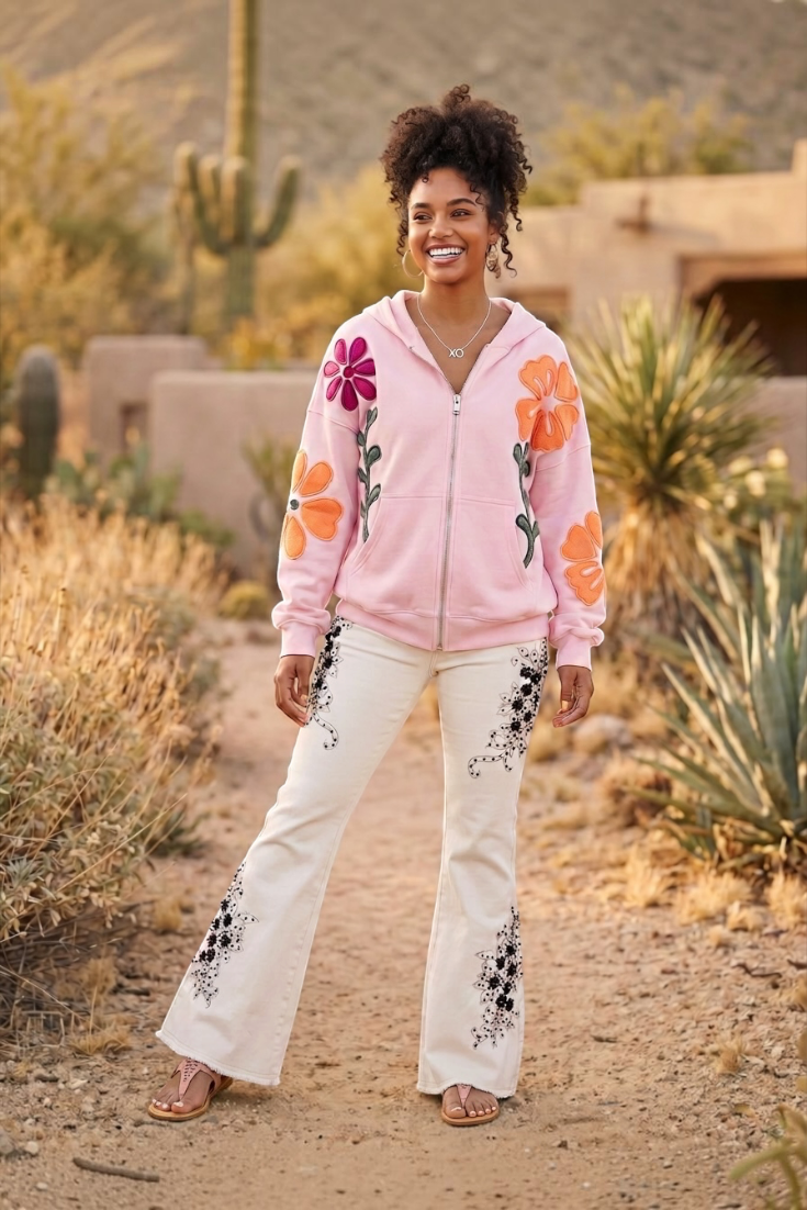 Oversized pink patchwork hoodie paired with cream embroidered denim flare jeans