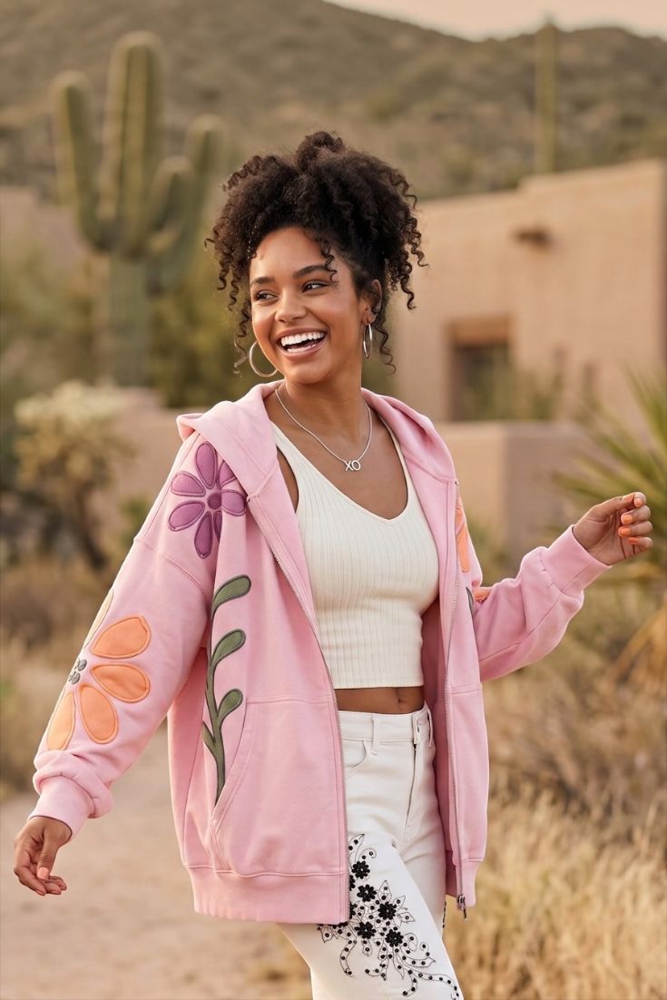 Open pink drop shoulder patchwork hoodie layered over a cream ribbed knit tank top and cream embroidered jeans

