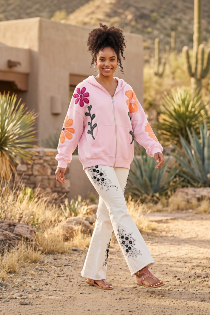 Oversized pink zip up hoodie sweatshirt featuring deep split front kangaroo pockets
