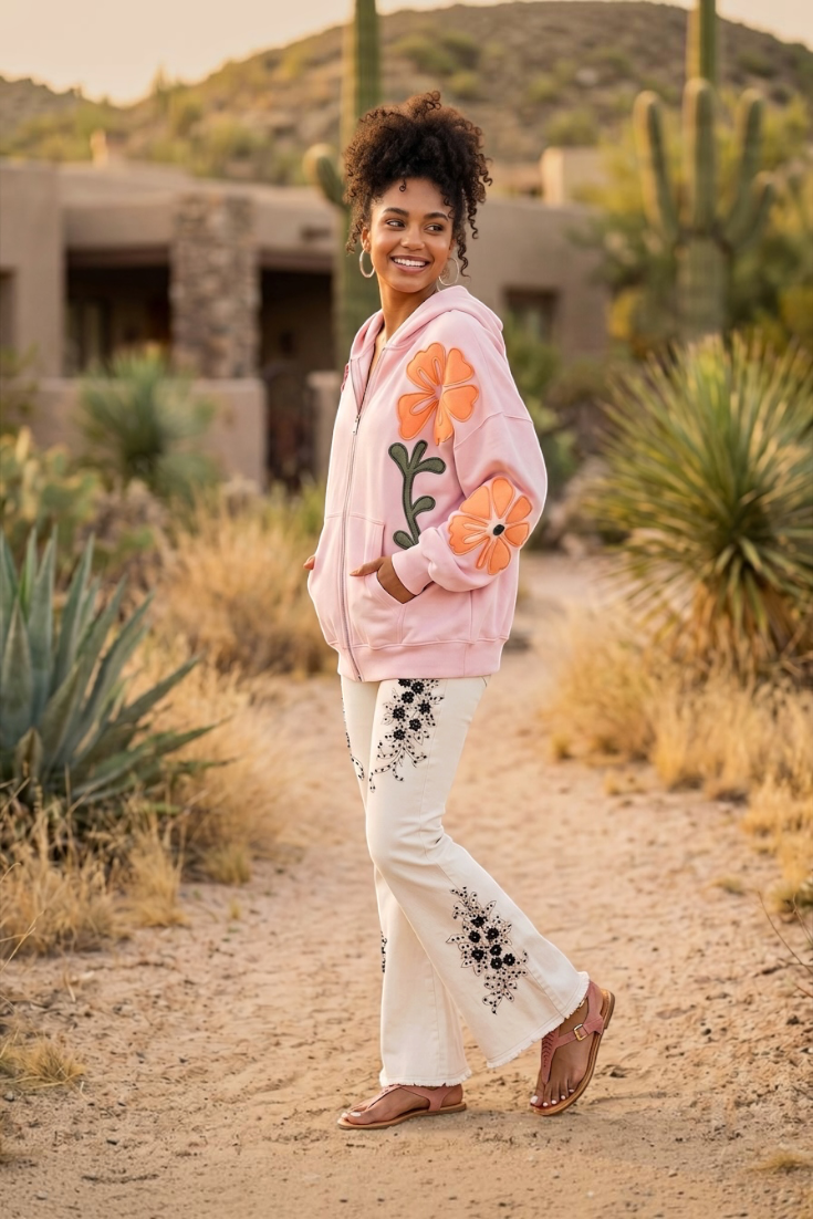 Relaxed pink zip up hoodie sweatshirt featuring contrast floral patchwork details on arms
