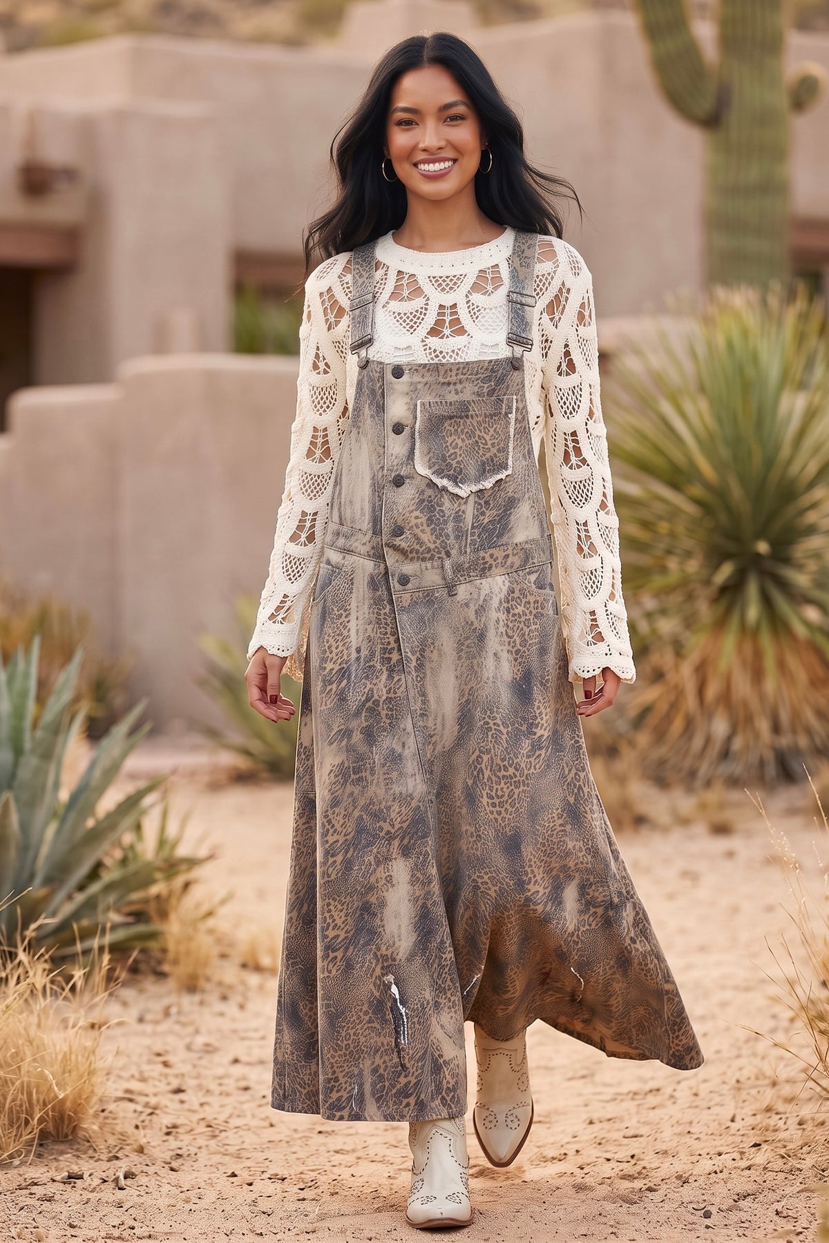 Tan leopard denim maxi skirtall with metal strap clasps and flowing hem walking on a desert path