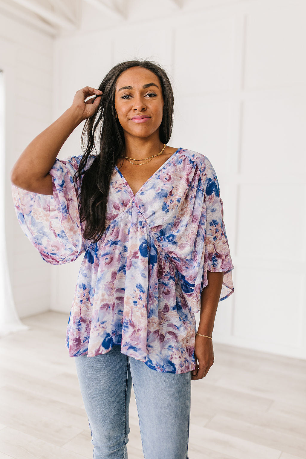 Floral Fable Blue Dolman Sleeve Draped Tunic Top