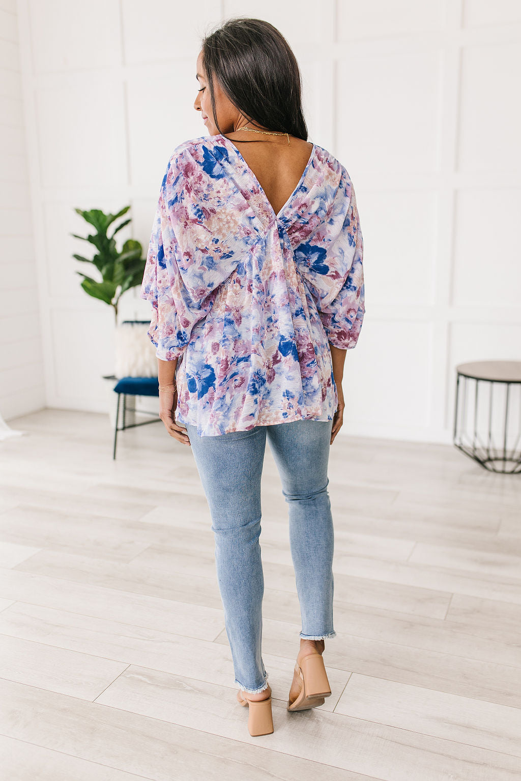 Floral Fable Blue Dolman Sleeve Draped Tunic Top